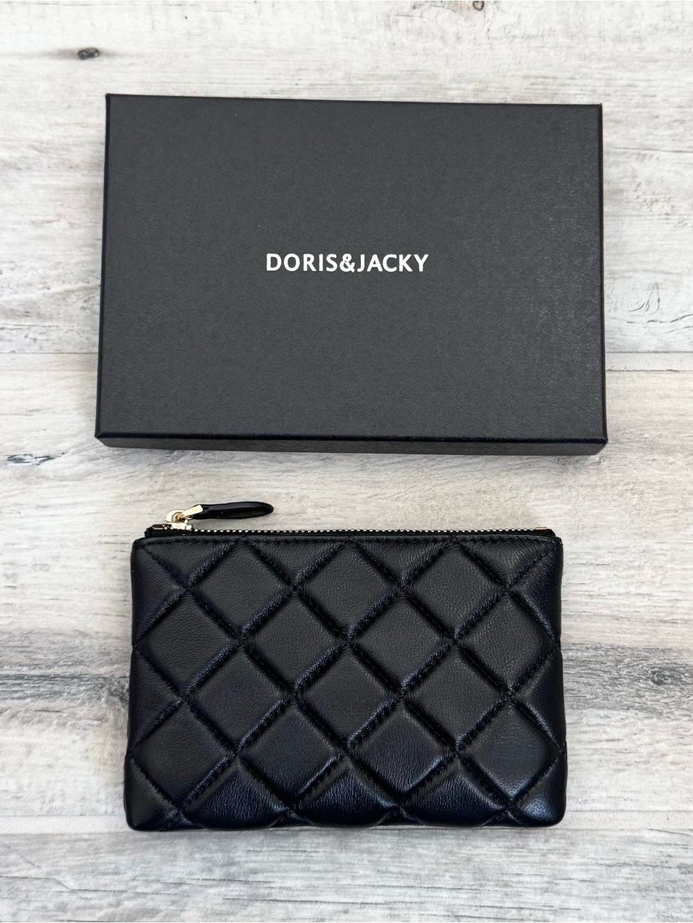 Doris & Jacky Black Quilted Soft Lambskin Leather Zipper Wallet